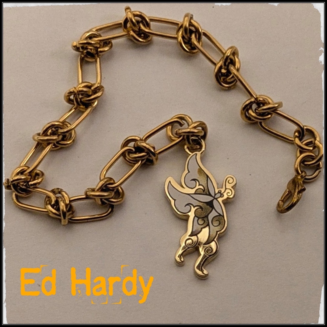 Ed Hardy Butterfly Charm Bracelet On Gold Stainless Steel Rope Chain Y2k Jewelry